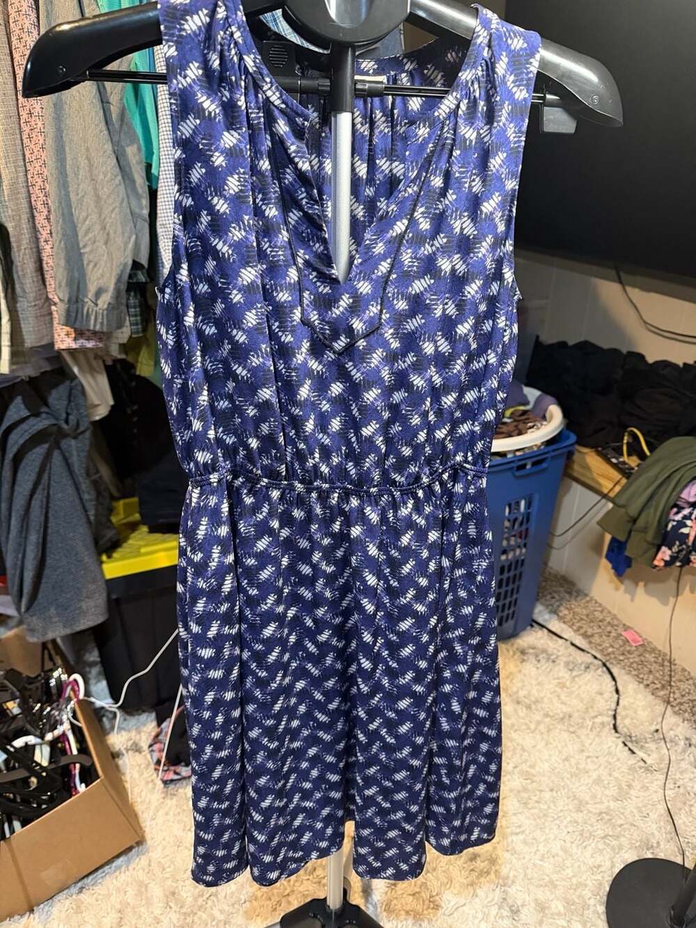 Rebecca Taylor Blue and White Silk Sleeveless V-Neck Elastic Waist Dress